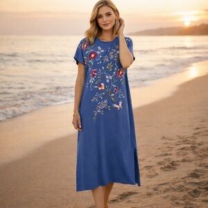 Johnny Was Osaka Midi Dress XS Blue Cotton Boho Embroidered Floral Relaxed